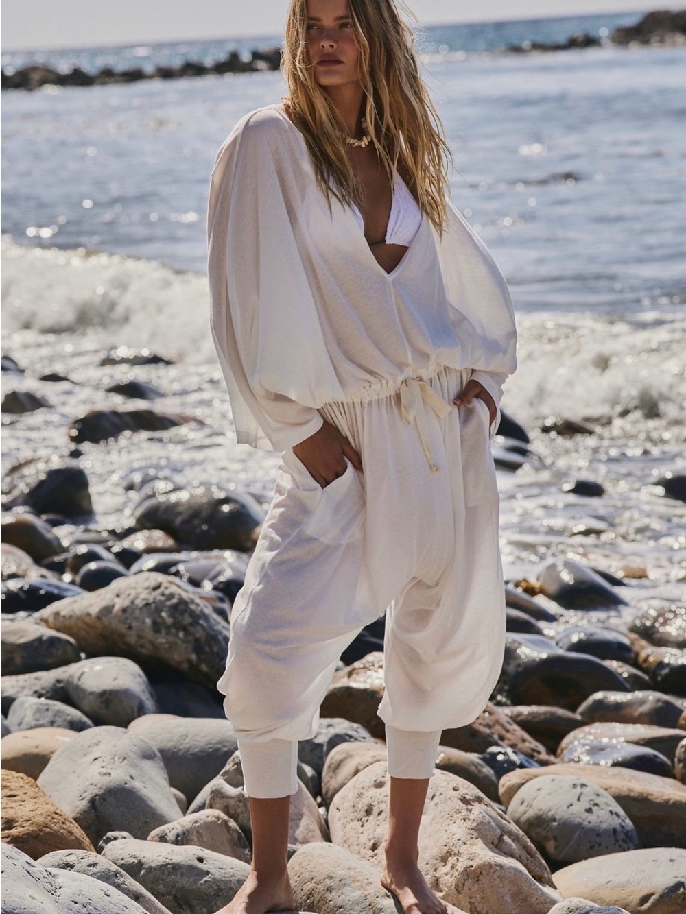 Free People - One-Piece Beach Coverup Jumpsuit with Drawstring Waist - MEDIUM